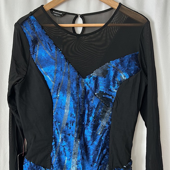 Bebe NWT Sexy Black/Blue Sequins Mesh Long Sleeve Dress **Size L**🔥🔥 - Picture 3 of 4